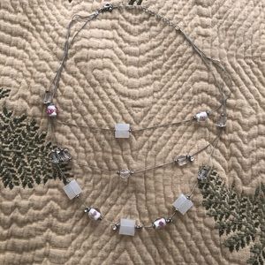 Layered beaded necklace glass rose clear white pink